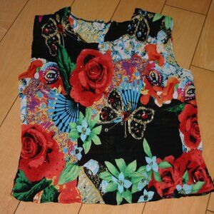 Sheer Sleeveless Top with Gorgeous Floral/Nature Print with Some Bling Small